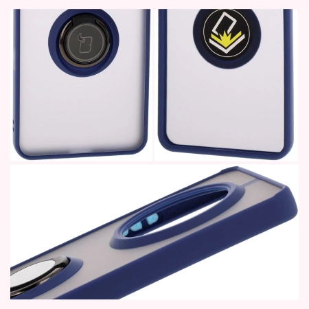Etui z uchwytem na palec Bizon Case Hybrid Ring do Realme 14 Pro Plus 5G, przydymione z granatową ramką