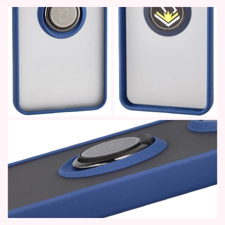 Etui z uchwytem na palec Bizon Case Hybrid Ring do Xiaomi POCO F7 Pro, przydymione z granatową ramką