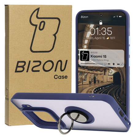 Etui z uchwytem na palec Bizon Case Hybrid Ring do Xiaomi 15, przydymione z granatową ramką