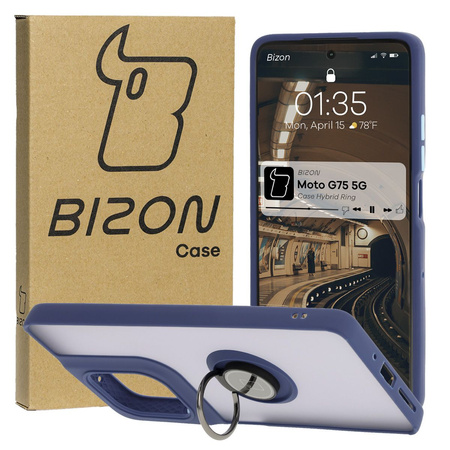 Etui z uchwytem na palec Bizon Case Hybrid Ring do Motorola Moto G75 5G, przydymione z granatową ramką