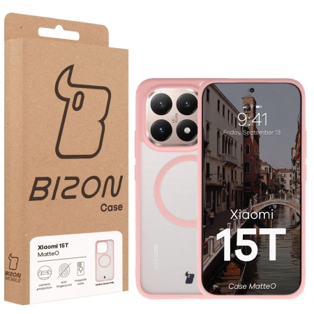 Etui z pierścieniem magnetycznym Bizon Case MatteO do Xiaomi 15T, przydymione-jasnoróżowe