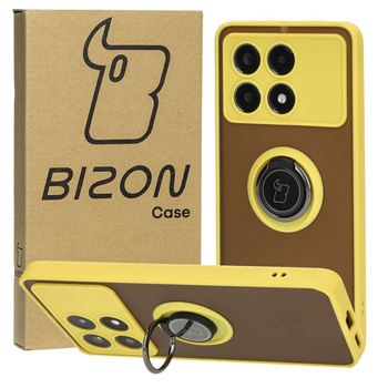 Etui z uchwytem na palec Bizon Case Hybrid Ring do Xiaomi Poco X6 Pro, przydymione z żółtą ramką
