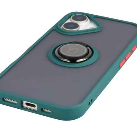 Etui z uchwytem na palec Bizon Case Hybrid Ring do iPhone 17, przydymione z ciemnozieloną ramką