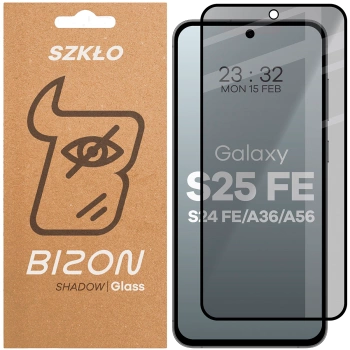 Prywatyzujące szkło hartowane Bizon Glass Edge Shadow do Galaxy S24 FE/S25 FE/A36 5G/A56 5G, przyciemniane z czarną ramką