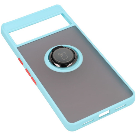 Etui z uchwytem na palec Bizon Case Hybrid Ring do Google Pixel 7 Pro, przydymione z jasnoniebieską ramką