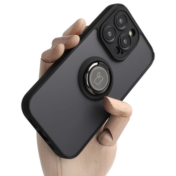 Etui z uchwytem na palec Bizon Case Hybrid Ring do iPhone 14 Pro, przydymione z czarną ramką