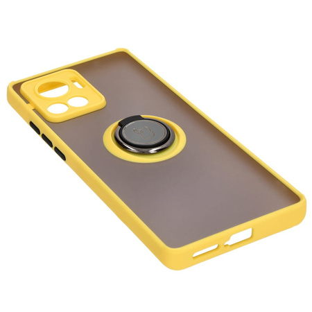 Etui z uchwytem na palec Bizon Case Hybrid Ring do Motorola Edge 30 Ultra, przydymione z żółtą ramką