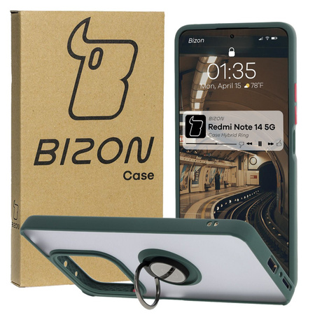 Etui z uchwytem na palec Bizon Case Hybrid Ring do Xiaomi Redmi Note 14 5G, przydymione z ciemnozieloną ramką