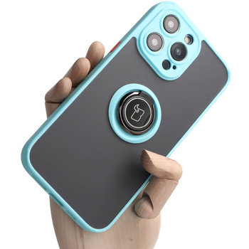 Etui z uchwytem na palec Bizon Case Hybrid Ring do iPhone 14 Pro Max, przydymione z jasnoniebieską ramką