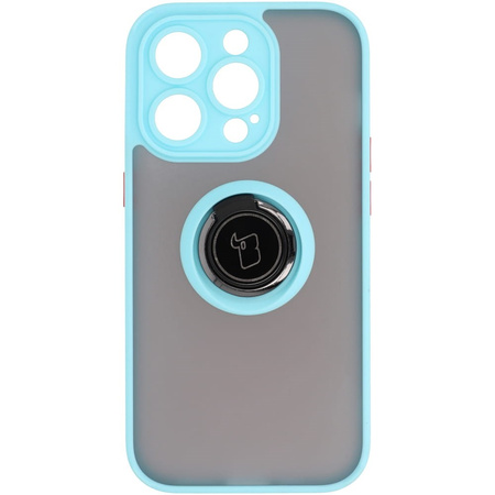 Etui z uchwytem na palec Bizon Case Hybrid Ring do iPhone 14 Pro, przydymione z jasnoniebieską ramką