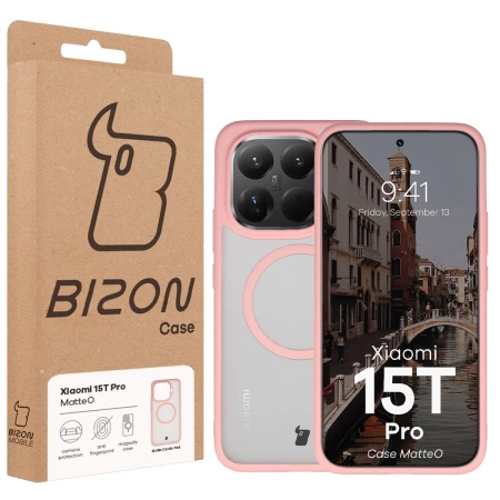 Etui z pierścieniem magnetycznym Bizon Case MatteO do Xiaomi 15T Pro, przydymione-jasnoróżowe