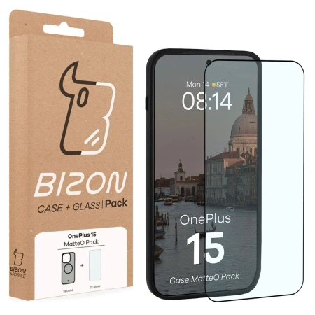 Etui z pierścieniem magnetycznym + szkło hartowane Bizon MatteO Pack do OnePlus 15, przydymione-czarne
