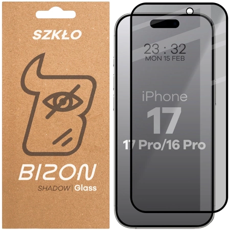 Prywatyzujące szkło hartowane Bizon Glass Edge Shadow do iPhone 16 Pro/ 17 / 17 Pro, przyciemniane z czarną ramką