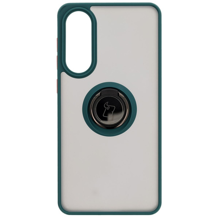 Etui z uchwytem na palec Bizon Case Hybrid Ring do Galaxy S25 Edge, przydymione z ciemnozieloną ramką