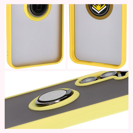Etui z uchwytem na palec Bizon Case Hybrid Ring do Galaxy S24 FE, przydymione z żółtą ramką