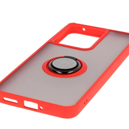 Etui z uchwytem na palec Bizon Case Hybrid Ring do Realme 14 5G / 14T 5G, przydymione z czerwoną ramką