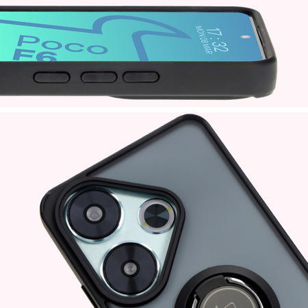 Etui z uchwytem na palec Bizon Case Hybrid Ring do Xiaomi Poco F6, przydymione z czarną ramką