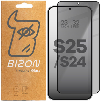 Prywatyzujące szkło hartowane Bizon Glass Edge Shadow do Galaxy S25/S24, przyciemniane z czarną ramką