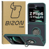 Etui z uchwytem na palec Bizon Case Hybrid Ring do Galaxy Z Flip7 FE / Z Flip6, przydymione z ciemnozieloną ramką