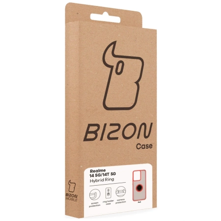 Etui z uchwytem na palec Bizon Case Hybrid Ring do Realme 14 5G / 14T 5G, przydymione z czerwoną ramką