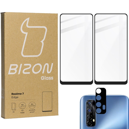 Szkło hartowane Bizon Glass Edge - 2 sztuki + ochrona na obiektyw, Realme 7, czarne