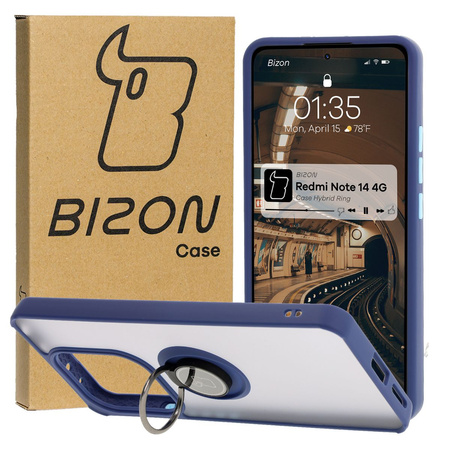 Etui z uchwytem na palec Bizon Case Hybrid Ring do Xiaomi Redmi Note 14 4G, przydymione z granatową ramką