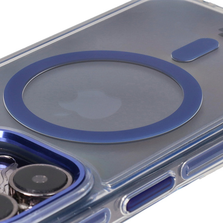 Etui z pierścieniem magnetycznym Bizon Case Marco do iPhone 15 Pro, przezroczyste z niebieską ramką