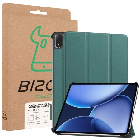 Etui z klapką Bizon Case Tab Croc do OnePlus Pad 3 / 2 Pro / OPPO Pad 4 / 4 Pro, ciemnozielone