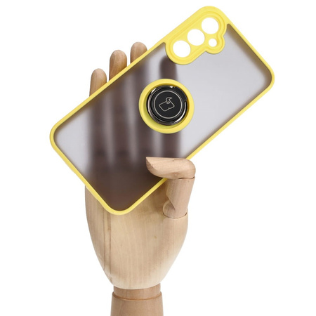 Etui z uchwytem na palec Bizon Case Hybrid Ring do Galaxy A24 4G, przydymione z żółtą ramką