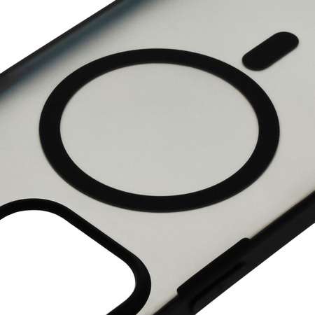 Etui z pierścieniem magnetycznym Bizon Case MatteO do iPhone 15, półprzezroczyste z czarną ramką