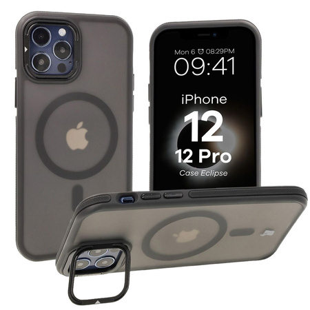 Etui z podstawką i pierścieniem magnetycznym Bizon Case Eclipse do iPhone 12 / iPhone 12 Pro , przydymione z czarną ramką