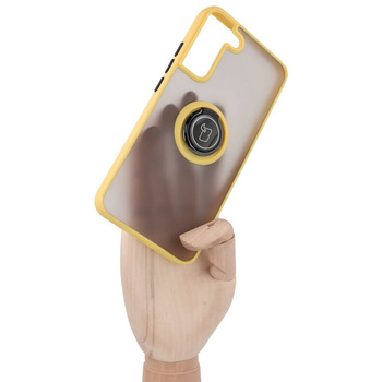 Etui z uchwytem na palec Bizon Case Hybrid Ring do Galaxy S22 Plus, przydymione z żółtą ramką