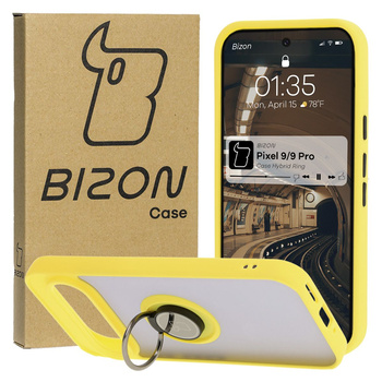 Etui z uchwytem na palec Bizon Case Hybrid Ring do Google Pixel 9 / 9 Pro, przydymione z żółtą ramką