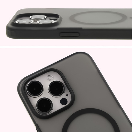 Etui z pierścieniem magnetycznym Bizon Case MatteO do iPhone 15, półprzezroczyste z czarną ramką