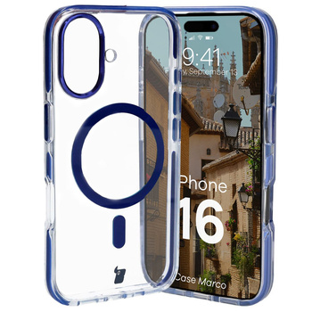 Etui z pierścieniem magnetycznym Bizon Case Marco do iPhone 16, przezroczyste z niebieską ramką