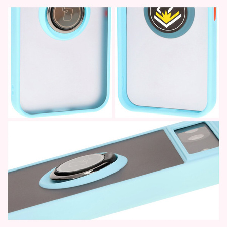 Etui z uchwytem na palec Bizon Case Hybrid Ring do Google Pixel 8a, przydymione z jasnoniebieską ramką