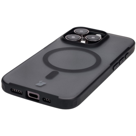Etui z pierścieniem magnetycznym Bizon Case MatteO do iPhone 15 Pro, półprzezroczyste z czarną ramką