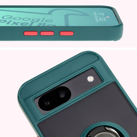 Etui z uchwytem na palec Bizon Case Hybrid Ring do Google Pixel 8a, przydymione z ciemnozieloną ramką