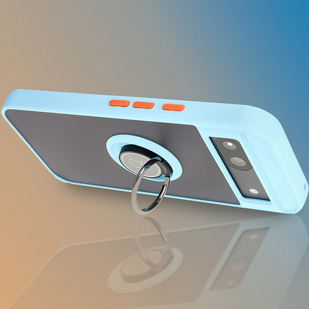 Etui z uchwytem na palec Bizon Case Hybrid Ring do Google Pixel 8a, przydymione z jasnoniebieską ramką
