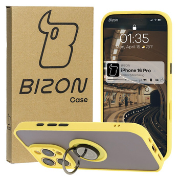 Etui z uchwytem na palec Bizon Case Hybrid Ring do iPhone 16 Pro, przydymione z żółtą ramką
