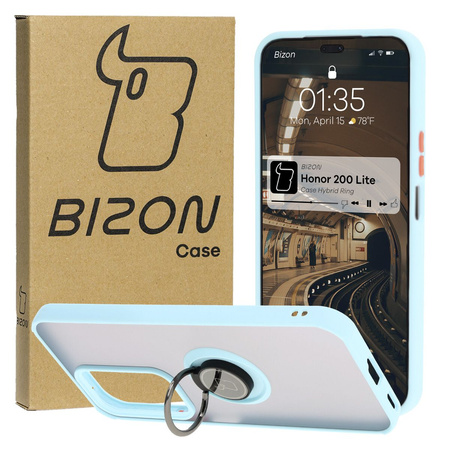 Etui z uchwytem na palec Bizon Case Hybrid Ring do Honor 200 Lite, przydymione z jasnoniebieską ramką