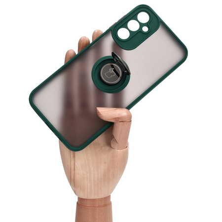 Etui z uchwytem na palec Bizon Case Hybrid Ring do Galaxy A14 4G / 5G, przydymione z ciemnozieloną ramką