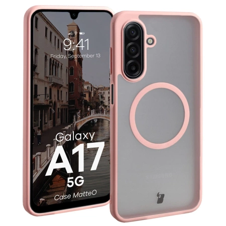 Etui z pierścieniem magnetycznym Bizon Case MatteO do Galaxy A17 5G, przydymione-jasnoróżowe
