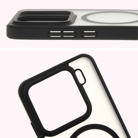 Etui z pierścieniem magnetycznym Bizon Case MatteO do Xiaomi 15, półprzezroczyste z czarną ramką