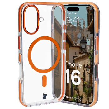 Etui z pierścieniem magnetycznym Bizon Case Marco do iPhone 16, przezroczyste z pomarańczową ramką
