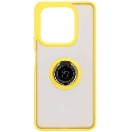 Etui z uchwytem na palec Bizon Case Hybrid Ring do Xiaomi Redmi Note 14 5G, przydymione z żółtą ramką