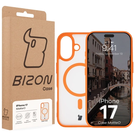 Etui z pierścieniem magnetycznym Bizon Case MatteO do iPhone 17, przydymione-pomarańczowe