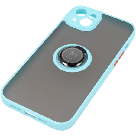 Etui z uchwytem na palec Bizon Case Hybrid Ring do iPhone 14 Plus, przydymione z jasnoniebieską ramką