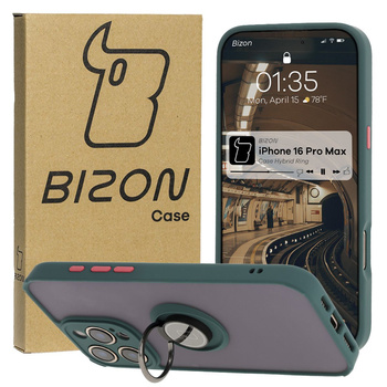 Etui z uchwytem na palec Bizon Case Hybrid Ring do iPhone 16 Pro Max, przydymione z ciemnozieloną ramką