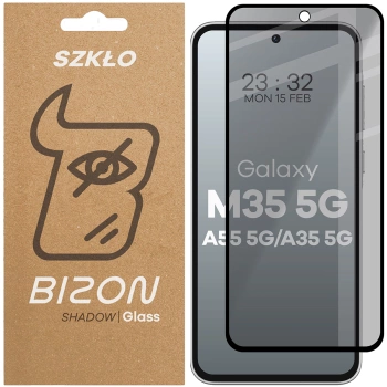 Prywatyzujące szkło hartowane Bizon Glass Edge Shadow do Galaxy M35 5G / A55 5G / A35 5G, przyciemniane z czarną ramką